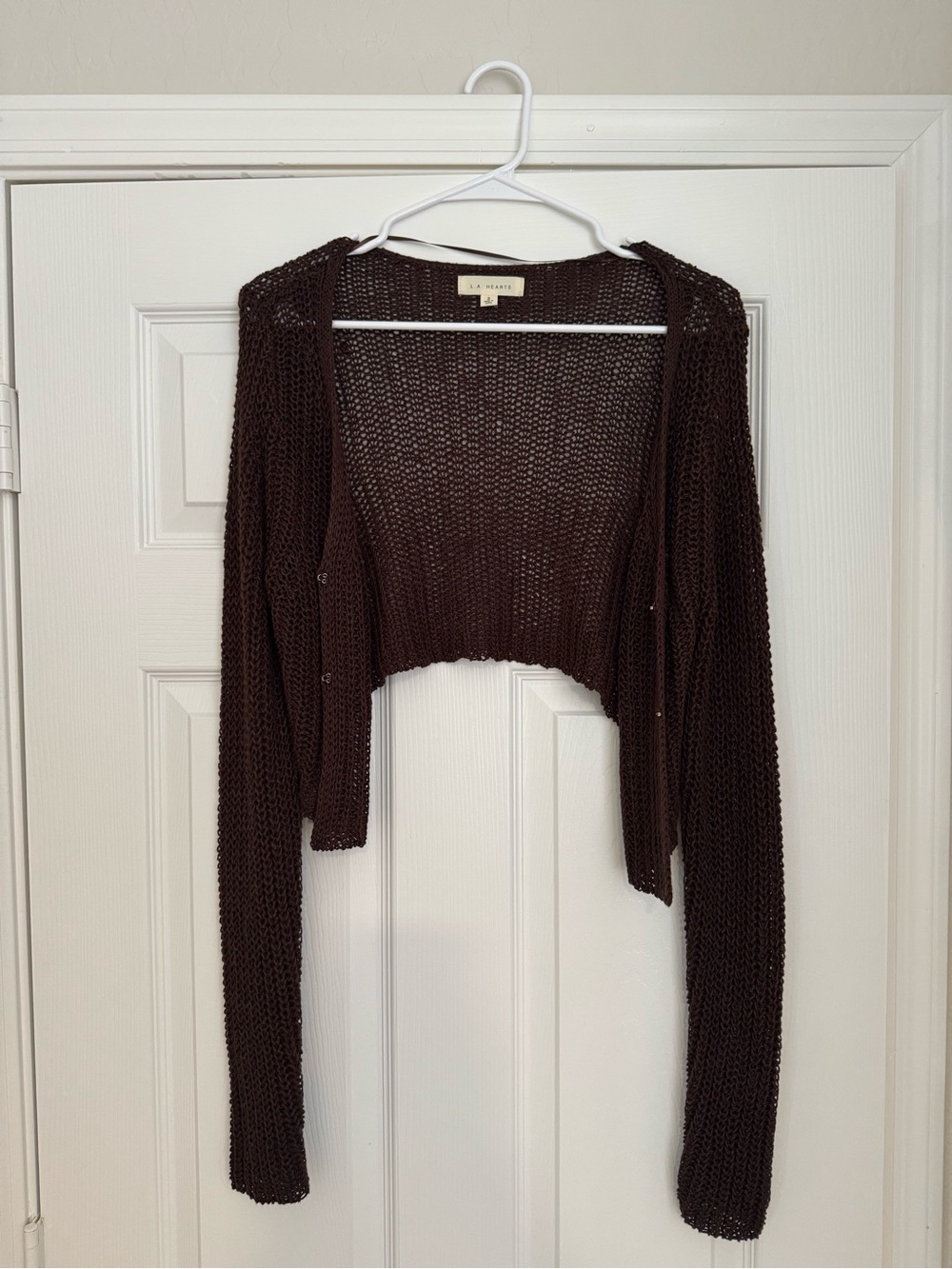 La Hearts Brown Cropped Open Knit Cardigan